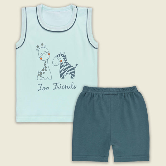 Boys Printed Cotton Tank Shirt and Shorts Set - Teal