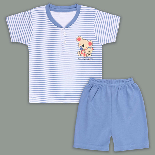 Boys Striped Teddy Print Cotton T-Shirt and Shorts Set - Blue