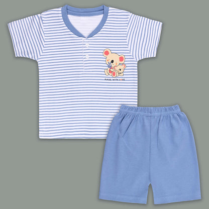 Boys Striped Teddy Print Cotton T-shirt and Shorts Set