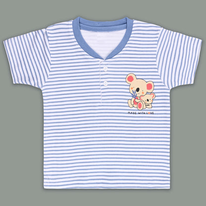 Boys Striped Teddy Print Cotton T-shirt and Shorts Set