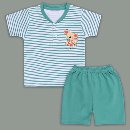 Boys Striped Teddy Print Cotton T-shirt and Shorts Set