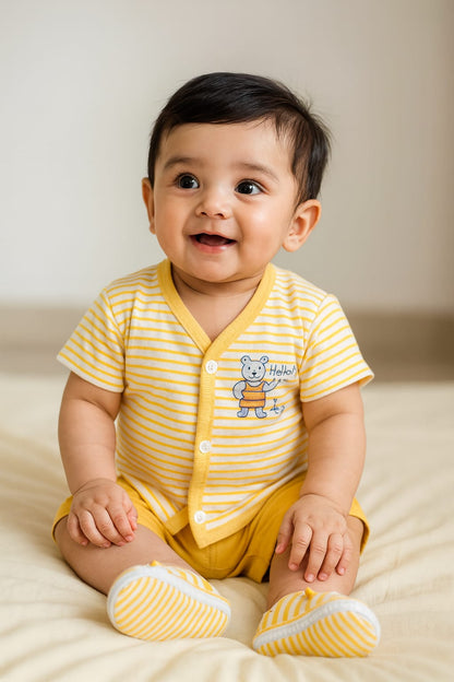 Boys Cotton Button Down Stripe Tshirt and Shorts Set