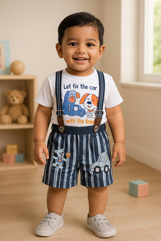 Baby Boys Striped T-Shirt and Shorts Dungaree Set