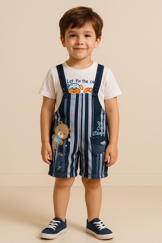 Baby Boys Striped and Applique T-Shirt and Shorts Dungaree Set