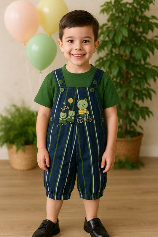 Baby Boys Striped T-Shirt and Shorts Dungaree Set - Green