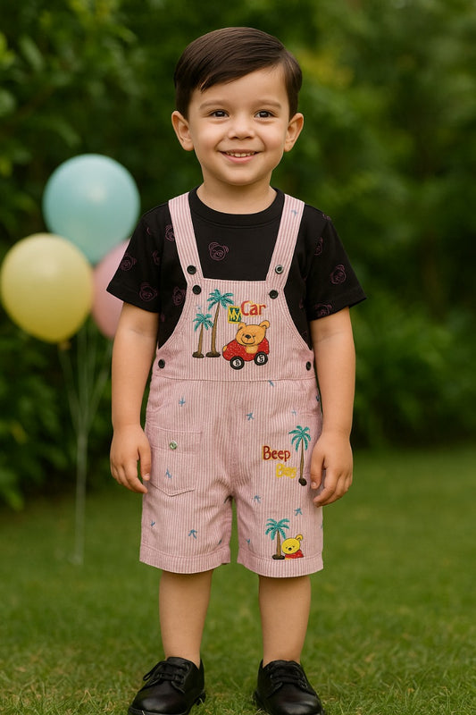 Baby Boys Printed and Applique T-Shirt and Shorts Dungaree Set - Peach