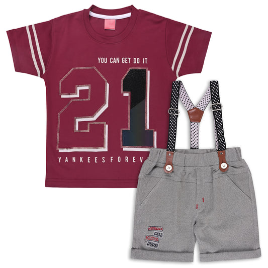 Boys Cotton Printed T-shirt and Suspender Dungaree Set