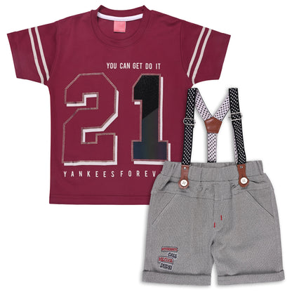 Boys Cotton Printed T-shirt and Suspender Dungaree Set