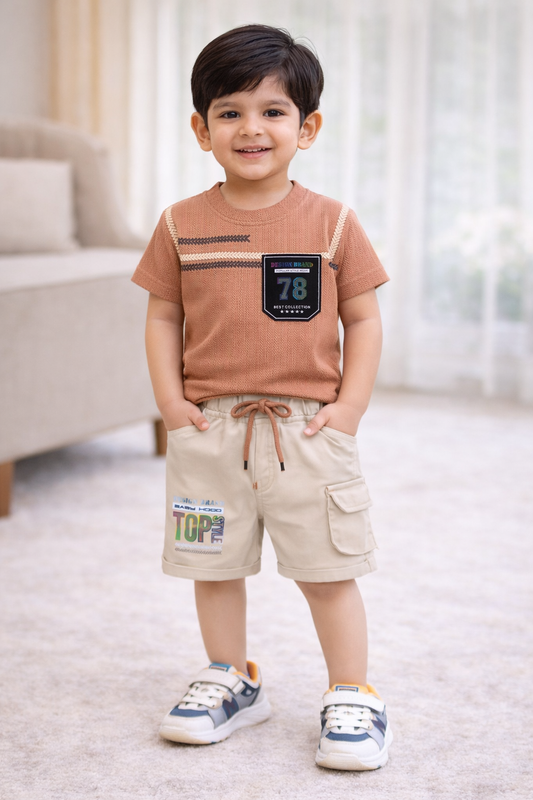 Boys Printed Cotton T-Shirt and Shorts Casual Set - Beige