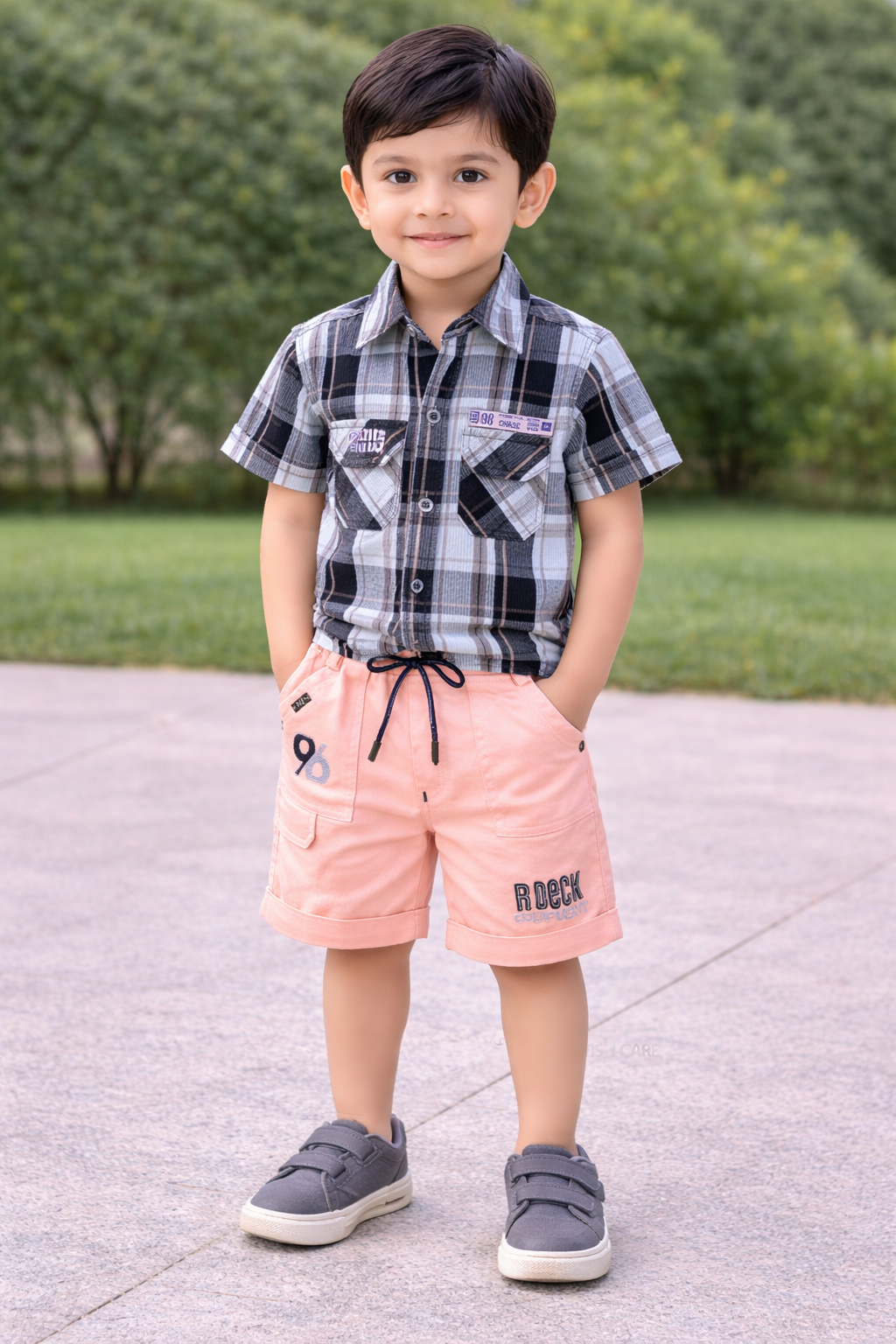 Boys Classic Checkered Print Cotton Shirt and Shorts Set