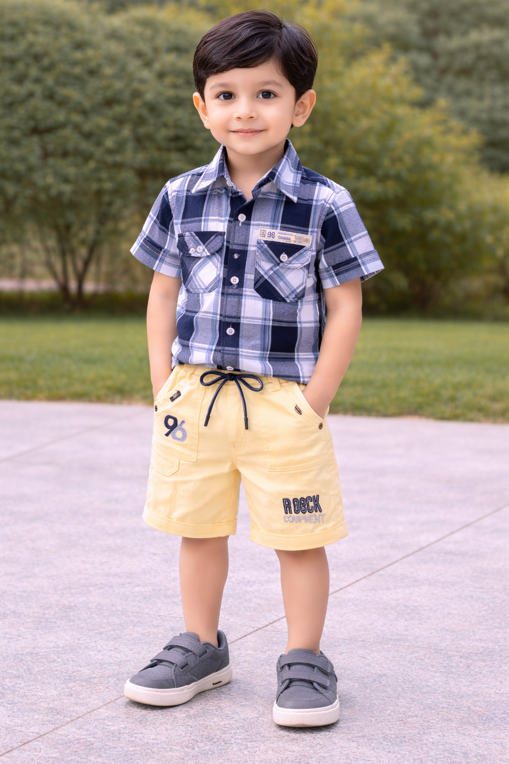 Boys Classic Checkered Print Cotton Shirt and Shorts Set