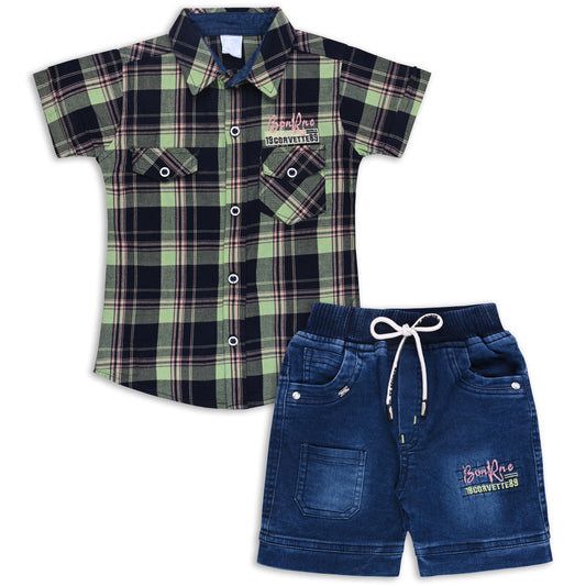 Boys Classic Checkered Print Cotton Shirt and Denim Shorts Set - Green