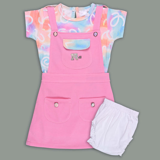 Girls Pastel Tie-Dye Print Cotton Top and Dungaree Set with Bloomers