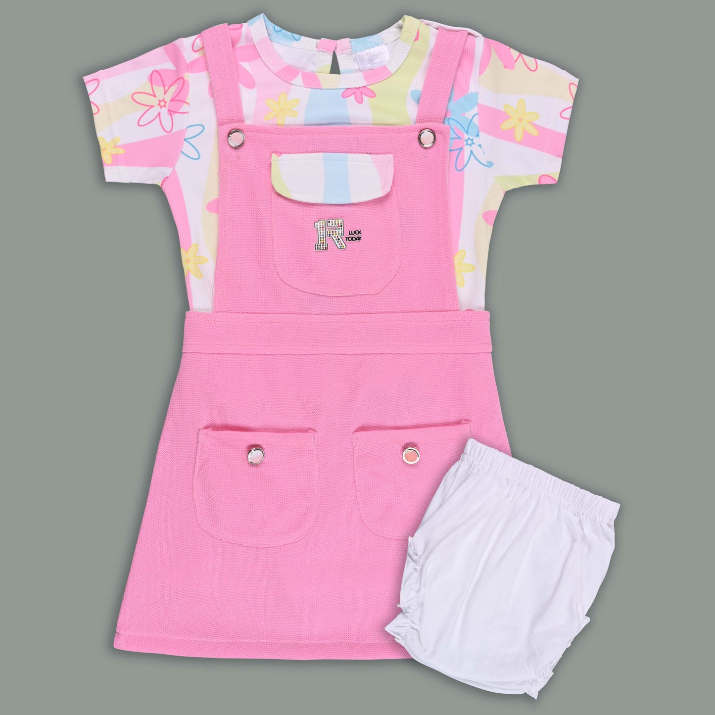 Girls Pastel Tie-Dye Print Cotton Top and Dungaree Set with Bloomers