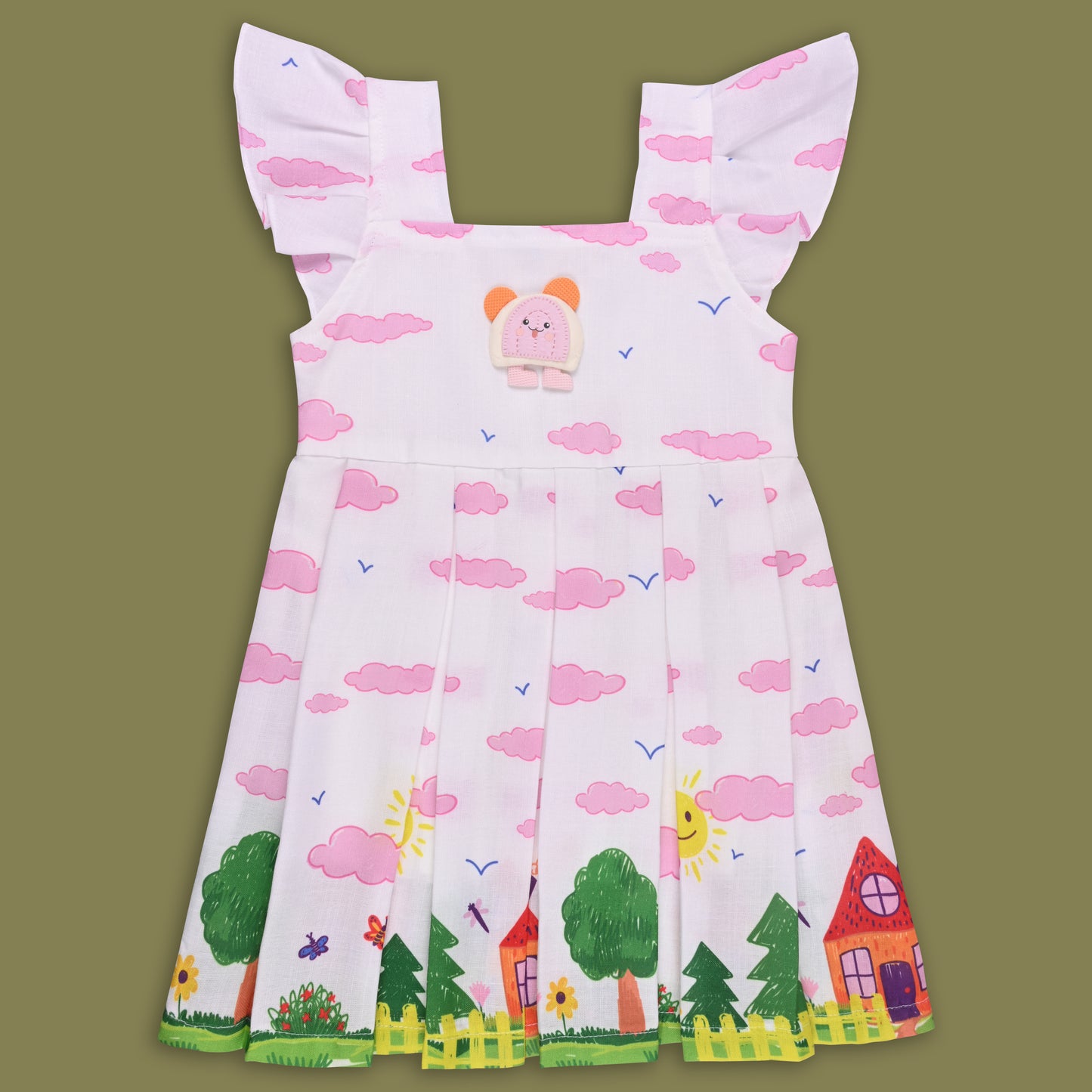 Girls Printed Box Pleat Casual Dress with Frill Sleeves