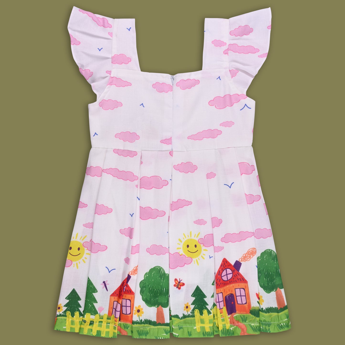 Girls Printed Box Pleat Casual Dress with Frill Sleeves