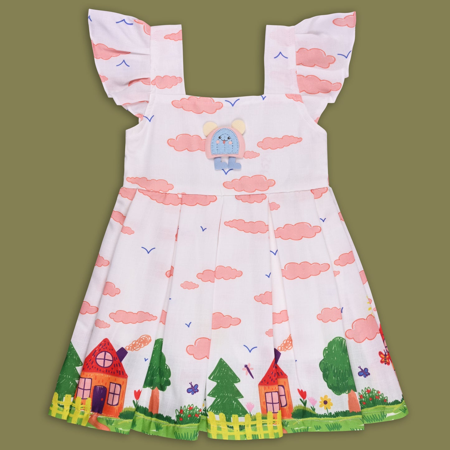 Girls Printed Box Pleat Casual Dress with Frill Sleeves