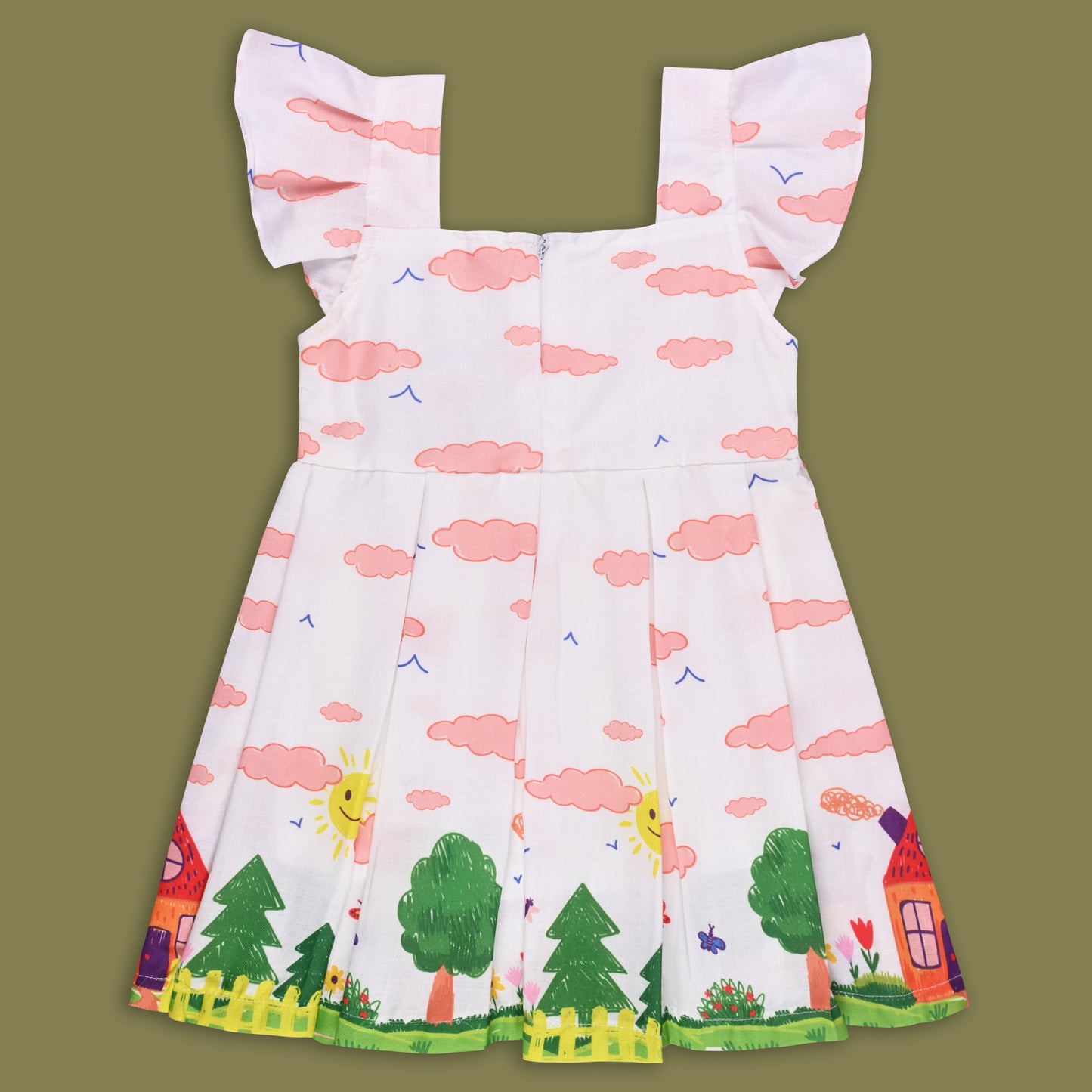 Girls Printed Box Pleat Casual Dress with Frill Sleeves