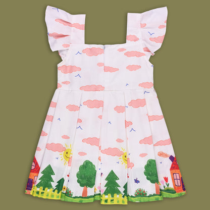 Girls Printed Box Pleat Casual Dress with Frill Sleeves
