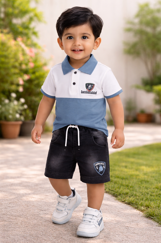Boys Colorblock Cotton Polo T-shirt with Denim Shorts