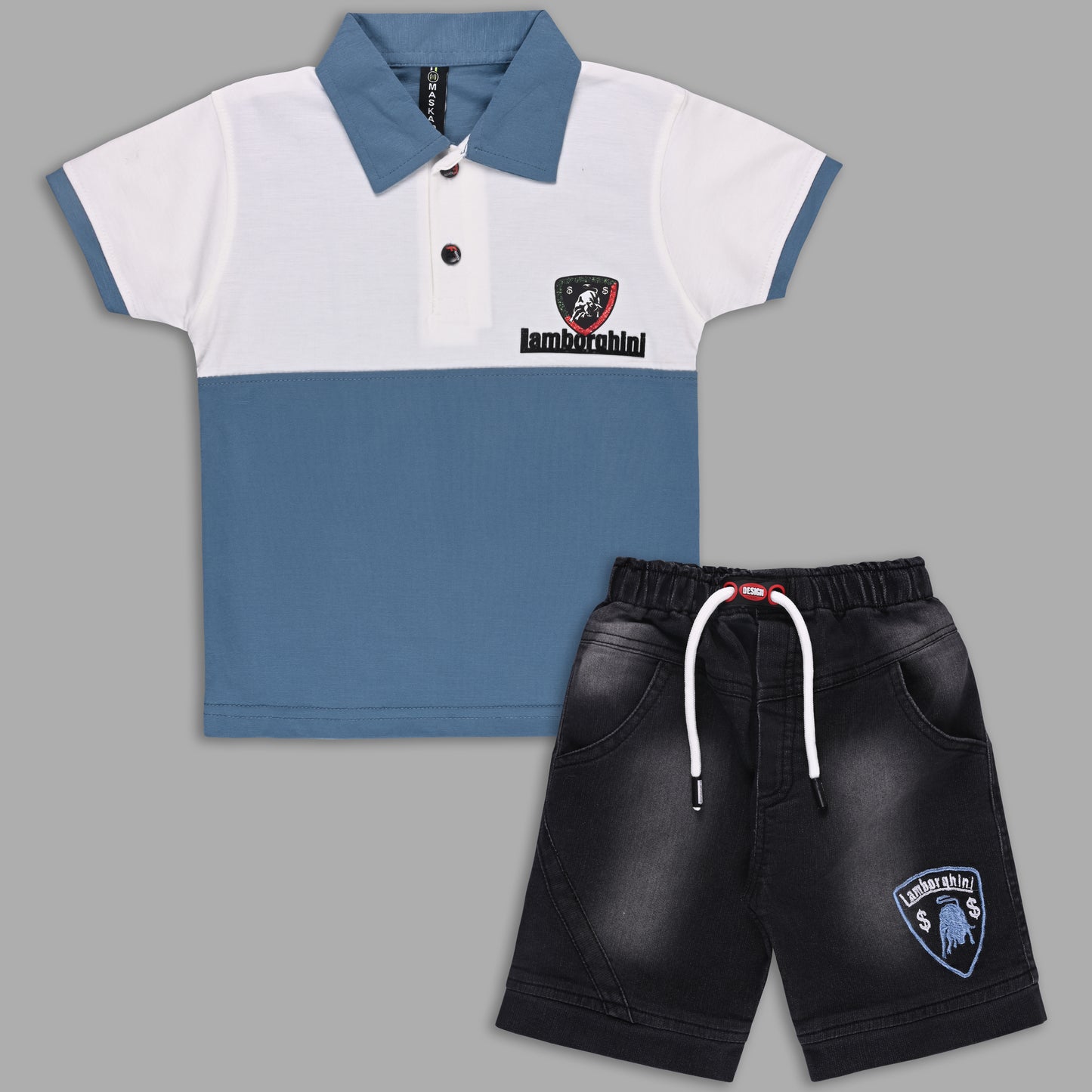 Boys Colorblock Cotton Polo T-shirt with Denim Shorts