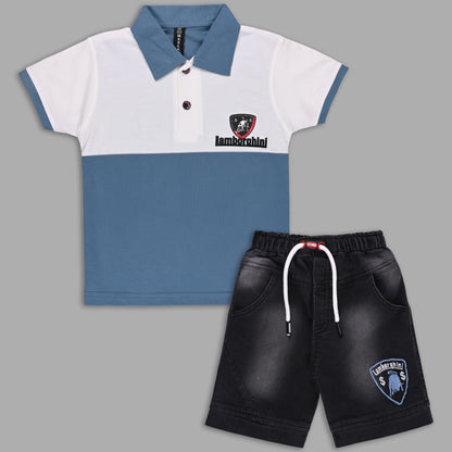 Boys Colorblock Cotton Polo T-shirt with Denim Shorts