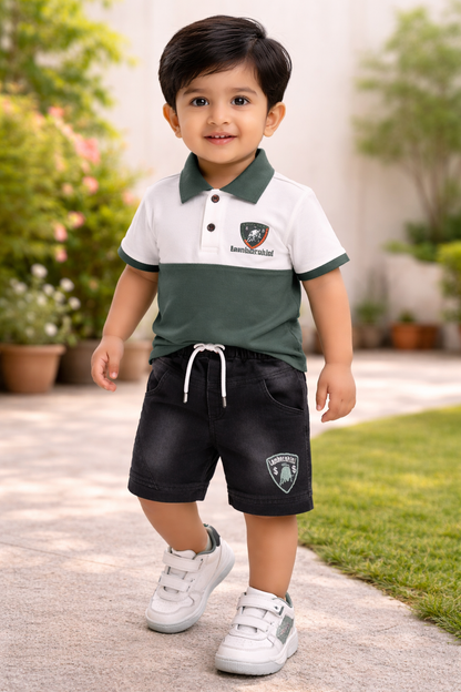 Boys Colorblock Cotton Polo T-shirt with Denim Shorts