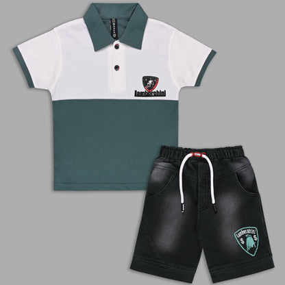 Boys Colorblock Cotton Polo T-shirt with Denim Shorts