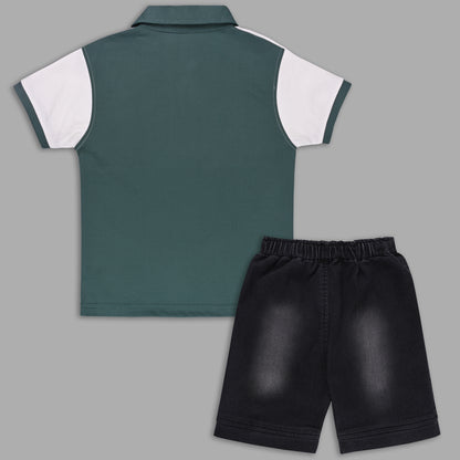 Boys Colorblock Cotton Polo T-shirt with Denim Shorts