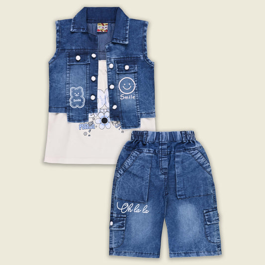 Girls Printed Spaghetti Top and Jeans with Denim Jacket