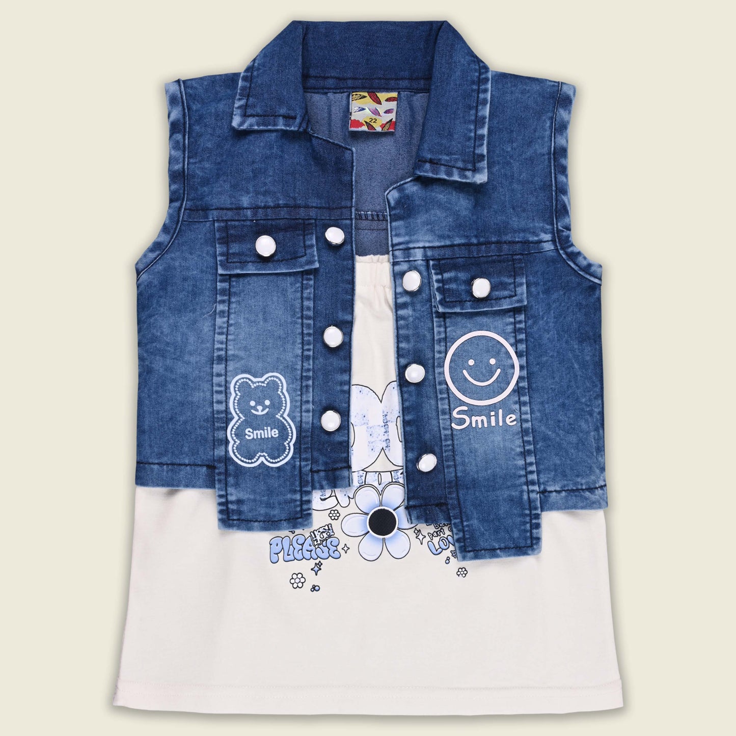 Girls Printed Spaghetti Top and Jeans with Denim Jacket