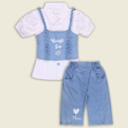 Girls Printed Denim Crop Top and Jeans with Shirt Set