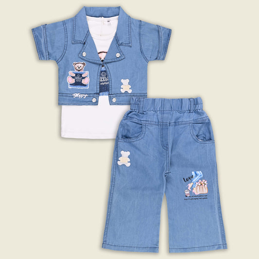 Girls Teddy Print Cotton Tshirt and Denim Jeans with Jacket Set