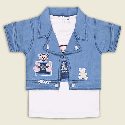 Girls Teddy Print Cotton Tshirt and Denim Jeans with Jacket Set
