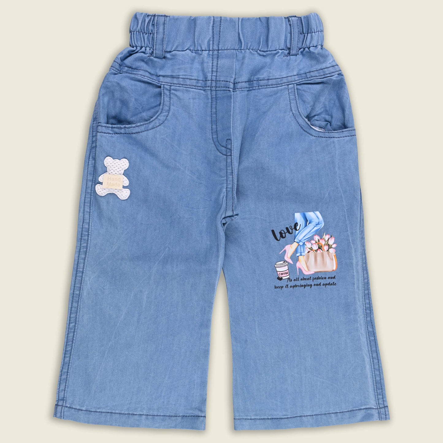 Girls Teddy Print Cotton Tshirt and Denim Jeans with Jacket Set