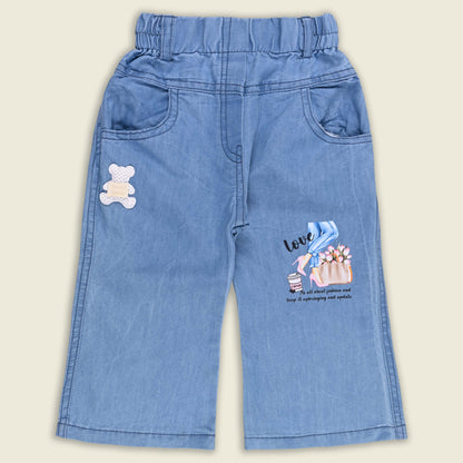 Girls Teddy Print Cotton Tshirt and Denim Jeans with Jacket Set