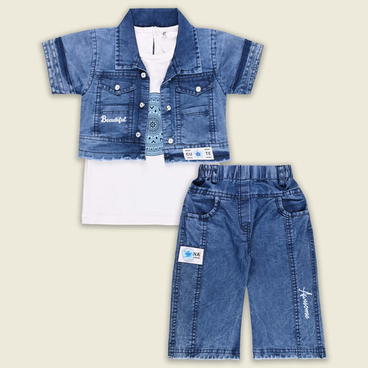 Girls Printed Cotton Tank top and Denim Jeans with Jacket Set