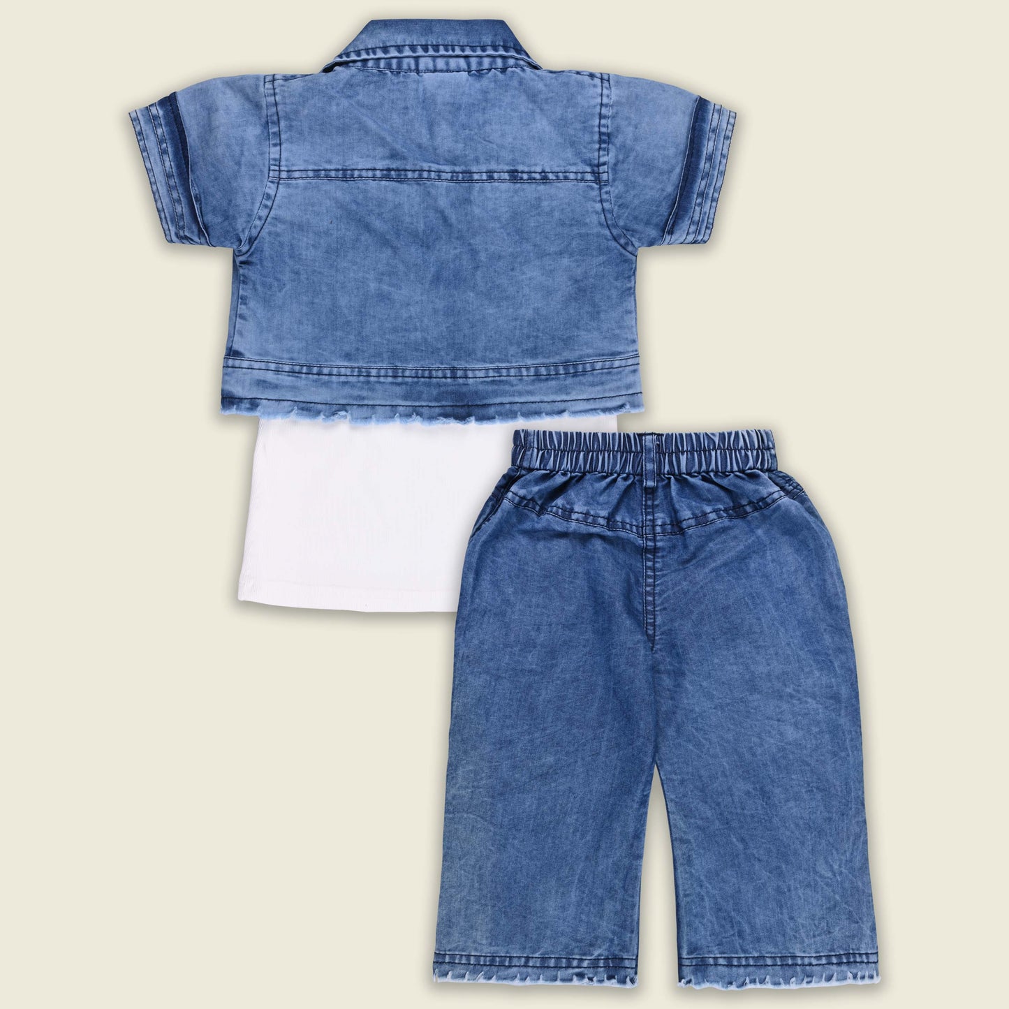 Girls Printed Cotton Tank top and Denim Jeans with Jacket Set