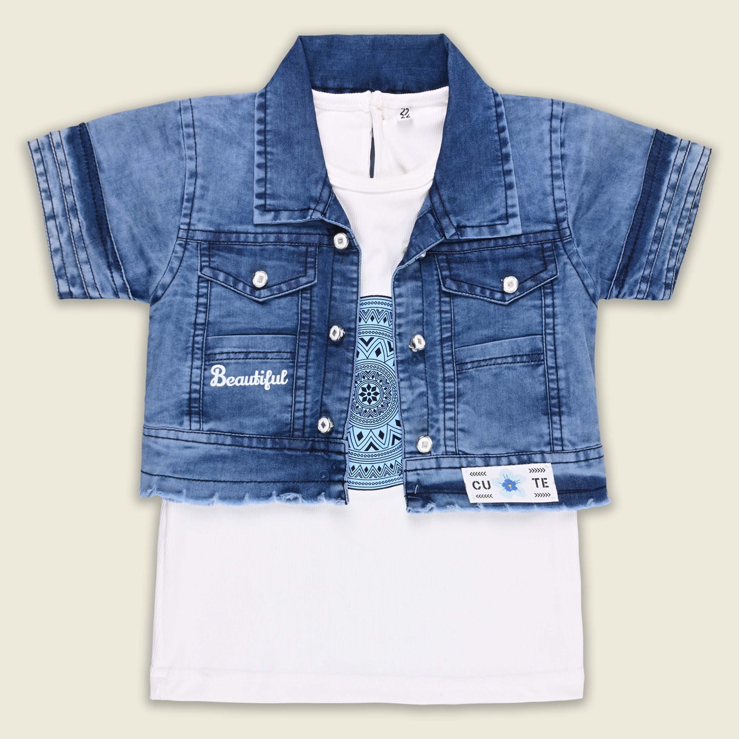 Girls Printed Cotton Tank top and Denim Jeans with Jacket Set
