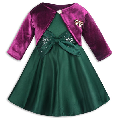 Girls Satin Party Wear Dress with Velvet Shrug & Bow Design