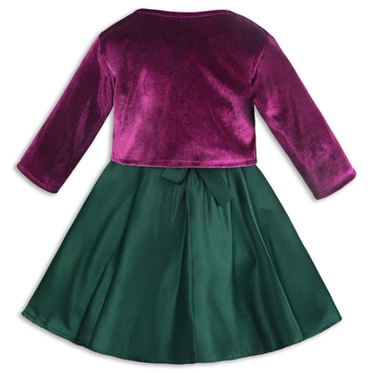 Girls Satin Party Wear Dress with Velvet Shrug & Bow Design