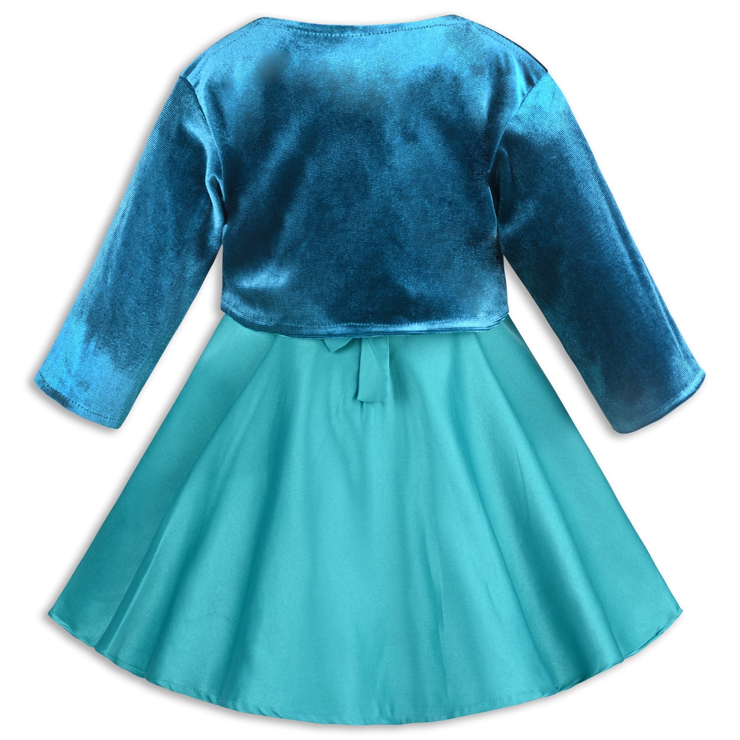 Girls Satin Party Wear Dress with Velvet Shrug & Bow Design