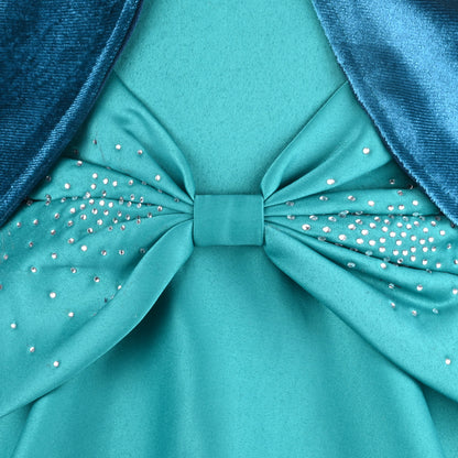 Girls Satin Party Wear Dress with Velvet Shrug & Bow Design