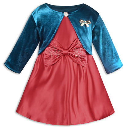 Girls Satin Party Wear Dress with Velvet Shrug & Bow Design
