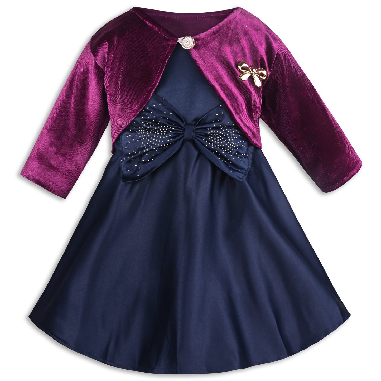 Girls Satin Party Wear Dress with Velvet Shrug & Bow Design