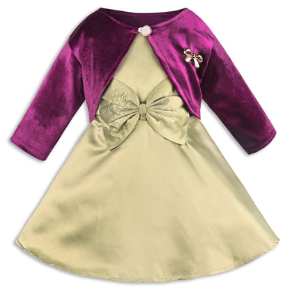 Girls Satin Party Wear Dress with Velvet Shrug & Bow Design