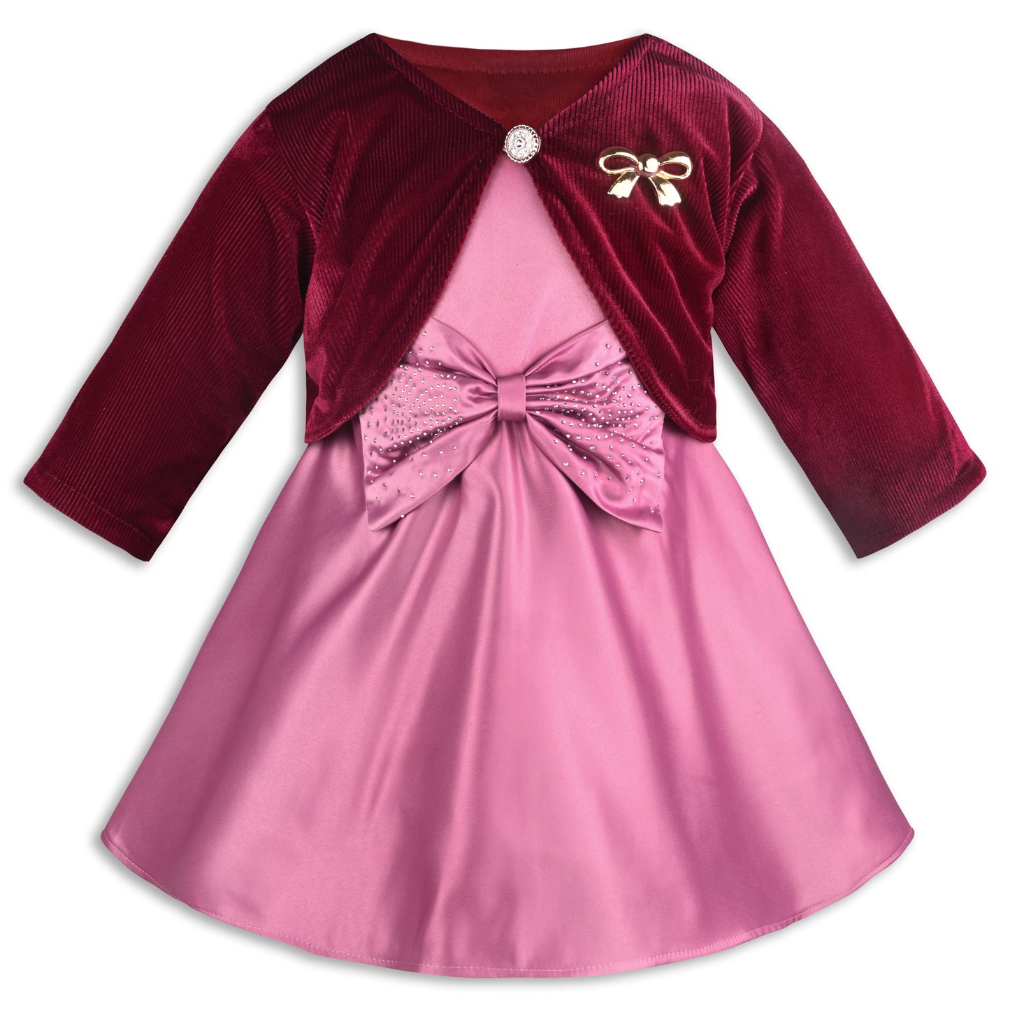 Girls Satin Party Wear Dress with Velvet Shrug & Bow Design