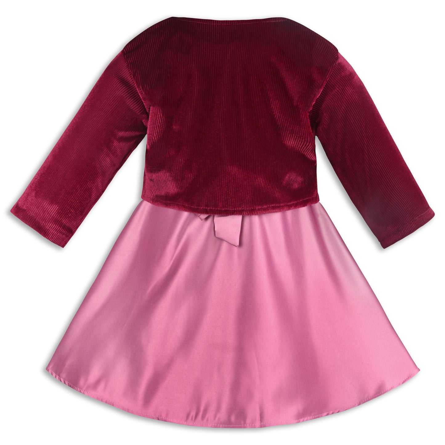 Girls Satin Party Wear Dress with Velvet Shrug & Bow Design