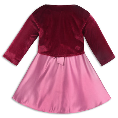 Girls Satin Party Wear Dress with Velvet Shrug & Bow Design