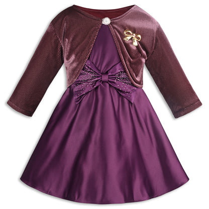 Girls Satin Party Wear Dress with Velvet Shrug & Bow Design